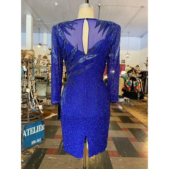 1980s beaded cocktail dress, cobalt blue silk, vintage formal, sheer chiffon, 27 - Picture 7 of 9